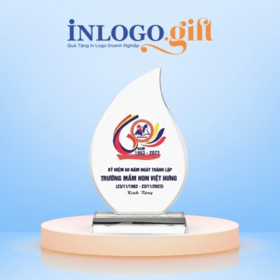 Kỷ niệm chương in logo pha lê dáng chiếc lá 20cm KNC-01