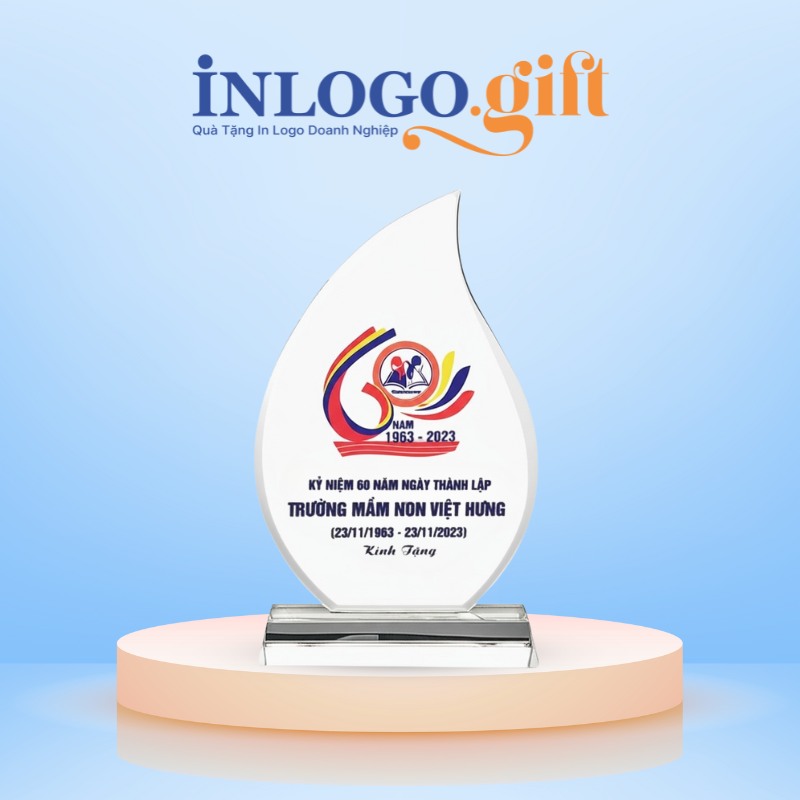 Kỷ niệm chương in logo pha lê dáng chiếc lá 20cm KNC-01