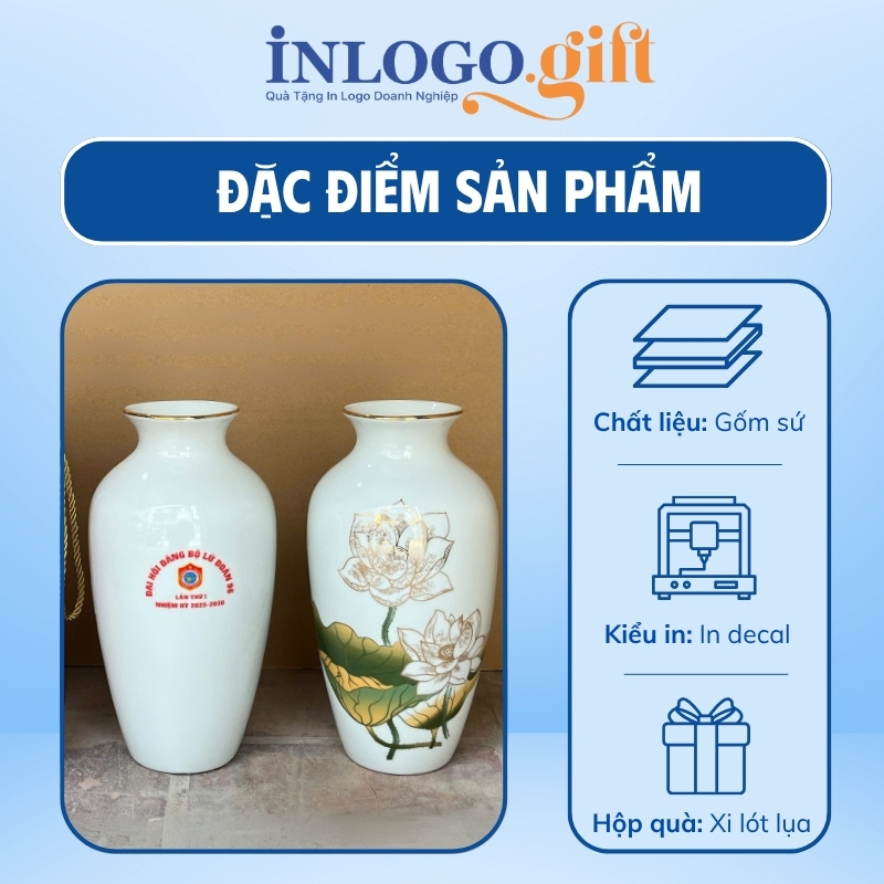 Lọ hoa In logo cổ rụt họa tiết hoa sen viền vàng kim