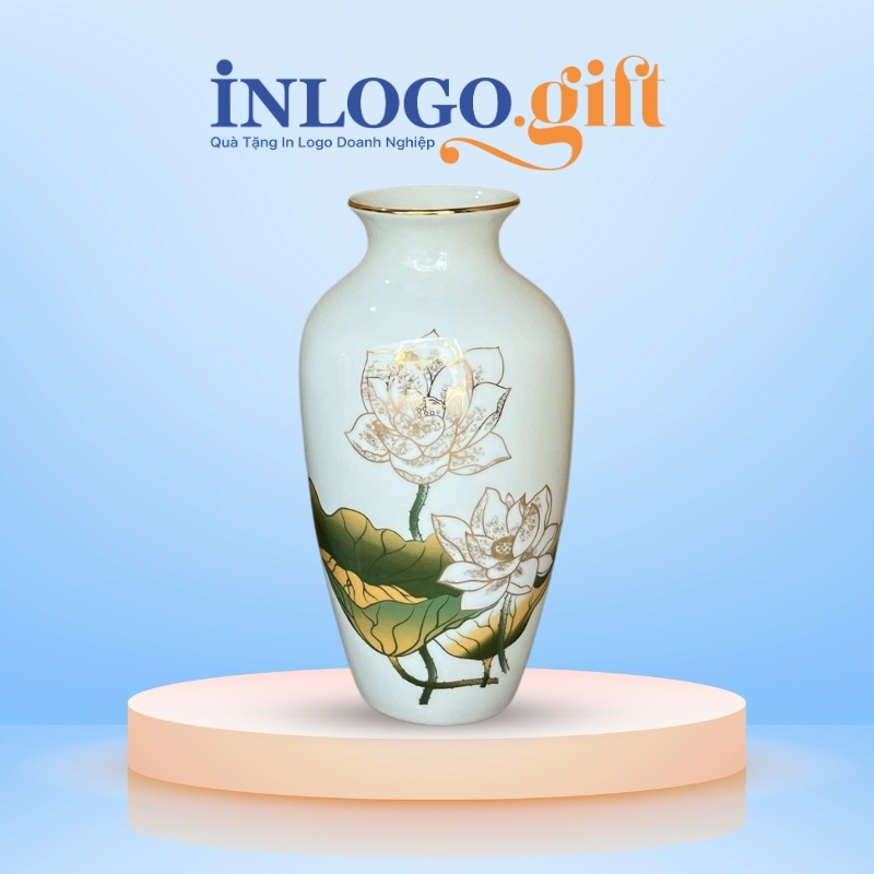 Lọ hoa In logo cổ rụt họa tiết hoa sen viền vàng kim 30cm