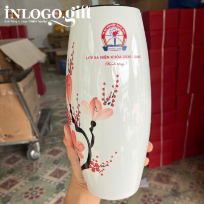 Lọ hoa in logo dáng bom họa tiết hoa đào hồng 21cm LH-05