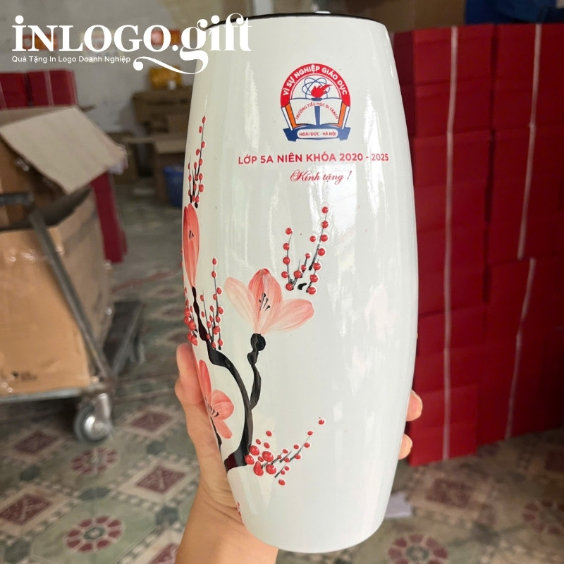 Lọ hoa in logo dáng bom họa tiết hoa đào hồng 21cm LH-05