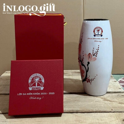 Lọ hoa in logo dáng bom họa tiết hoa đào hồng 21cm LH-05