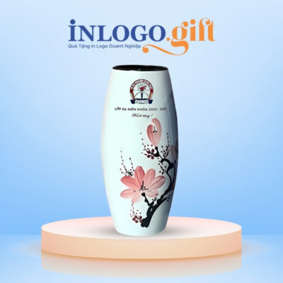 Lọ hoa in logo dáng bom họa tiết hoa đào hồng 21cm LH-05