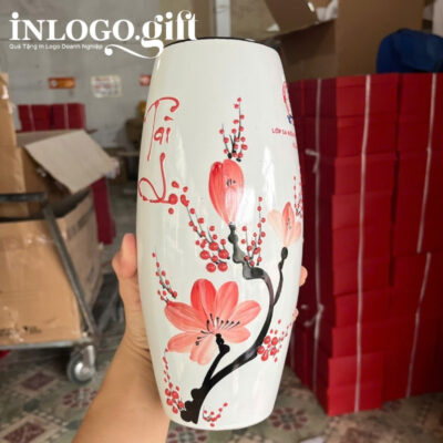 Lọ hoa in logo dáng bom họa tiết hoa đào hồng 21cm LH-05