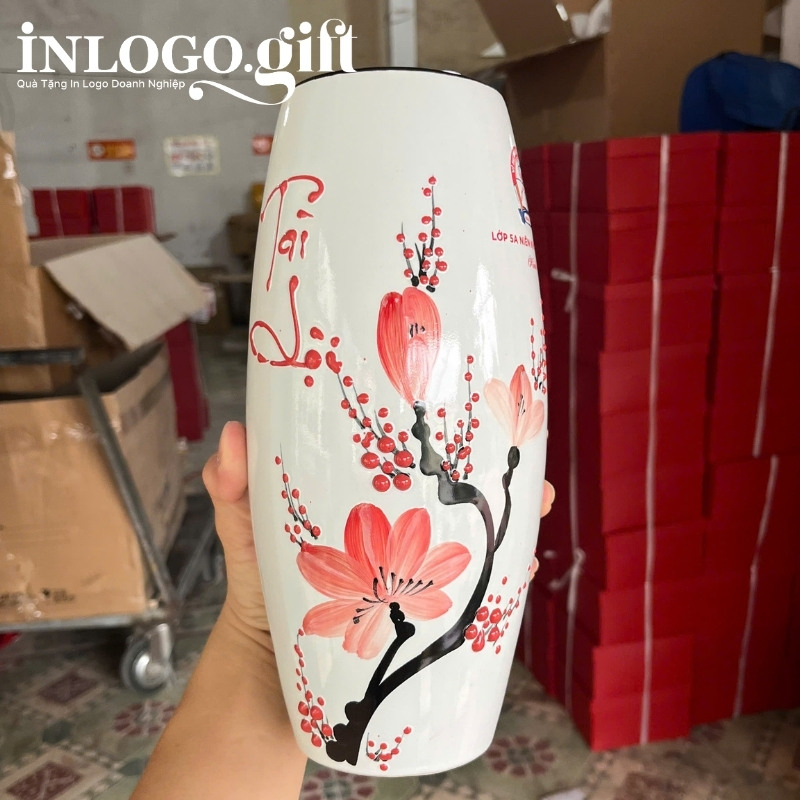 Lọ hoa in logo dáng bom họa tiết hoa đào hồng 21cm LH-05