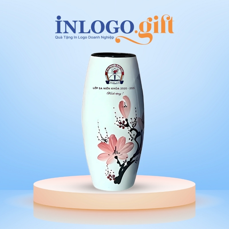 Lọ hoa in logo dáng bom họa tiết hoa đào hồng 21cm LH-05