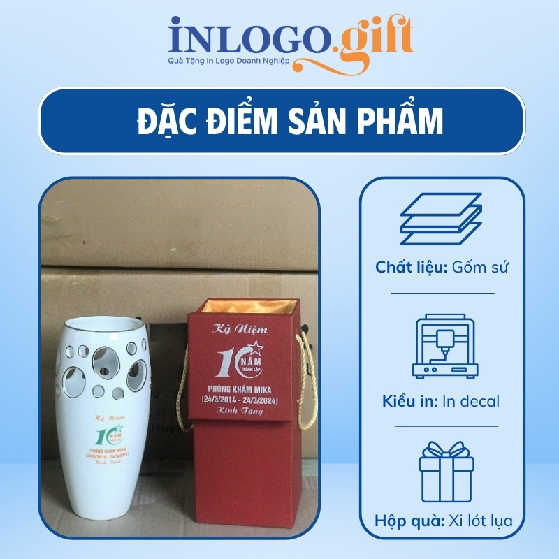 Lọ hoa in logo dáng bom lỗ màu trắng 24.5cm