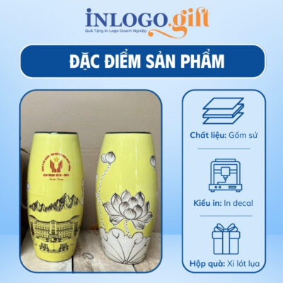 Lọ hoa in logo dáng bom màu vàng họa tiết hoa sen 31cm