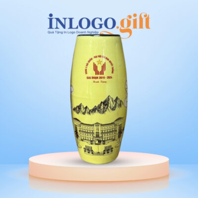 Lọ hoa in logo dáng bom màu vàng họa tiết hoa sen 31cm