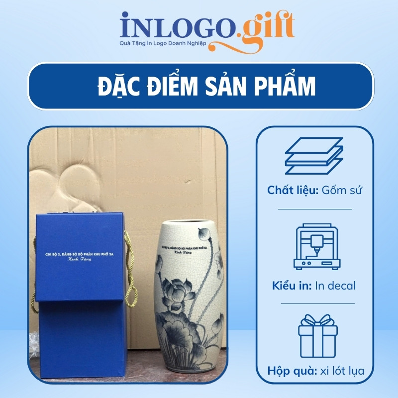Lọ hoa in logo dáng bom men rạn họa tiết hoa sen xanh LH-05