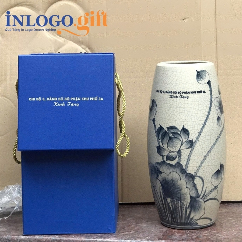 Lọ hoa in logo dáng bom men rạn họa tiết hoa sen xanh LH-05