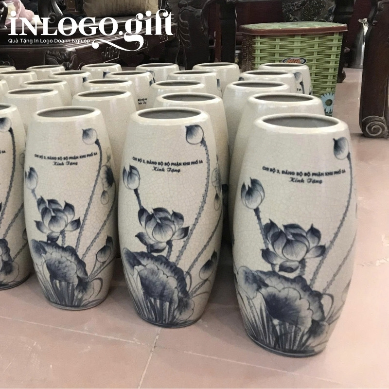 Lọ hoa in logo dáng bom men rạn họa tiết hoa sen xanh LH-05