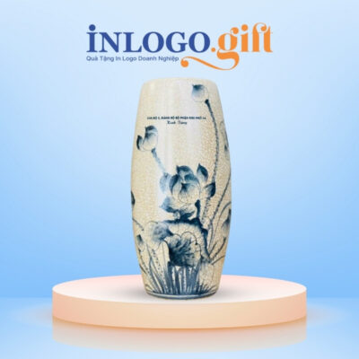 Lọ hoa in logo dáng bom men rạn họa tiết hoa sen xanh LH-05