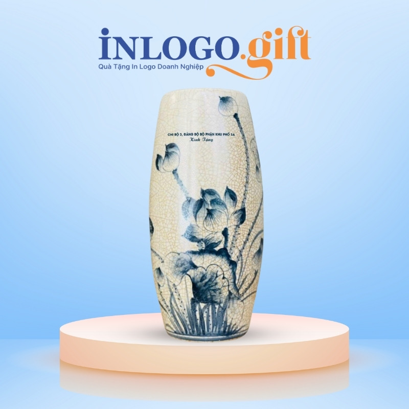 Lọ hoa in logo dáng bom men rạn họa tiết hoa sen xanh LH-05