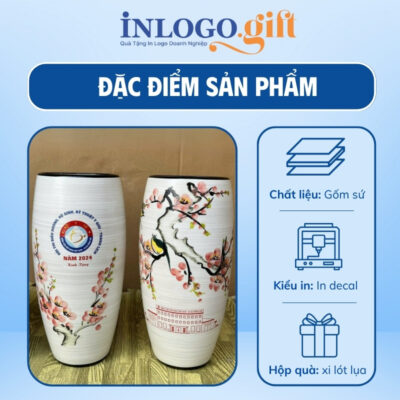 Lọ hoa in logo dáng bom men xước họa tiết hoa đào hồng 27cm LH-08