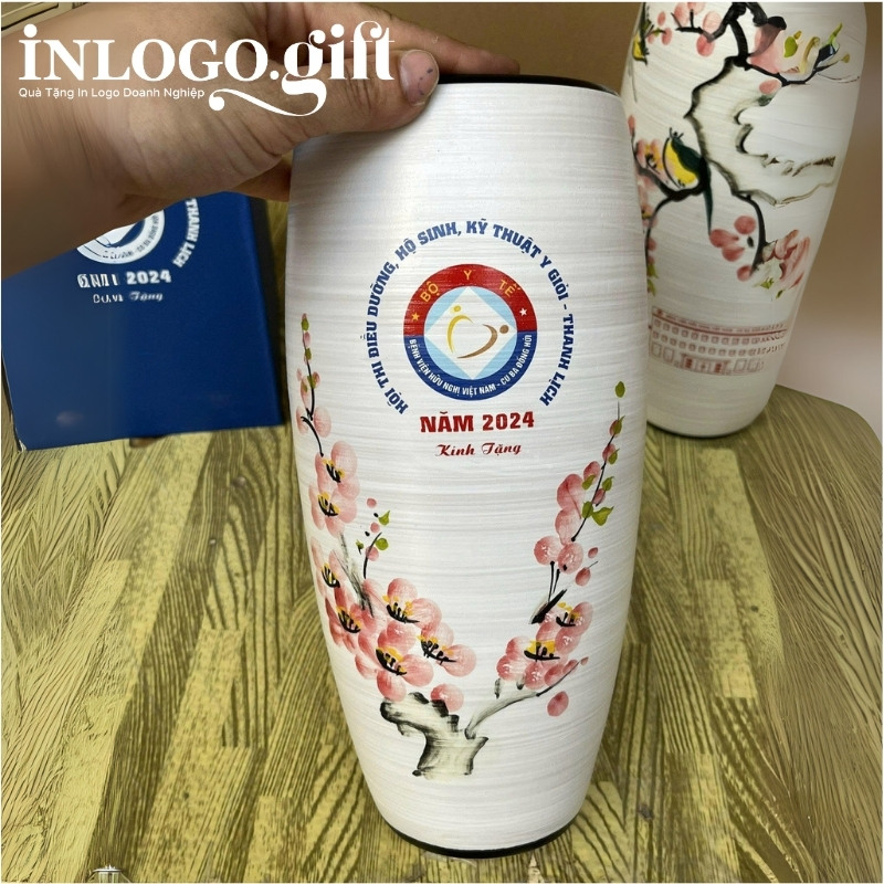 Lọ hoa in logo dáng bom men xước họa tiết hoa đào hồng 27cm LH-08