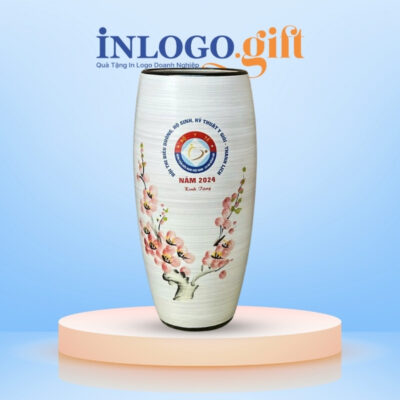 Lọ hoa in logo dáng bom men xước họa tiết hoa đào hồng 27cm LH-08