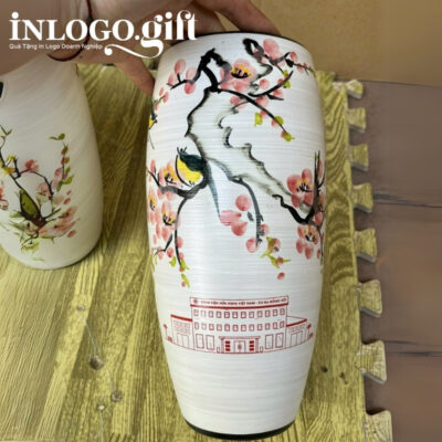 Lọ hoa in logo dáng bom men xước họa tiết hoa đào hồng 27cm LH-08