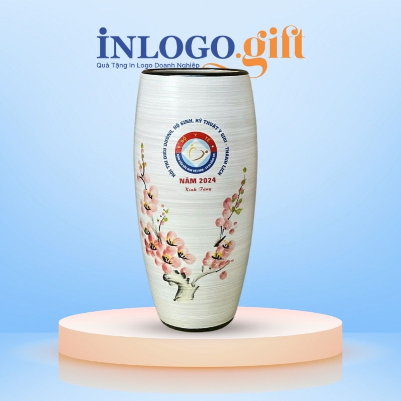Lọ hoa in logo dáng bom men xước họa tiết hoa đào hồng 27cm LH-08