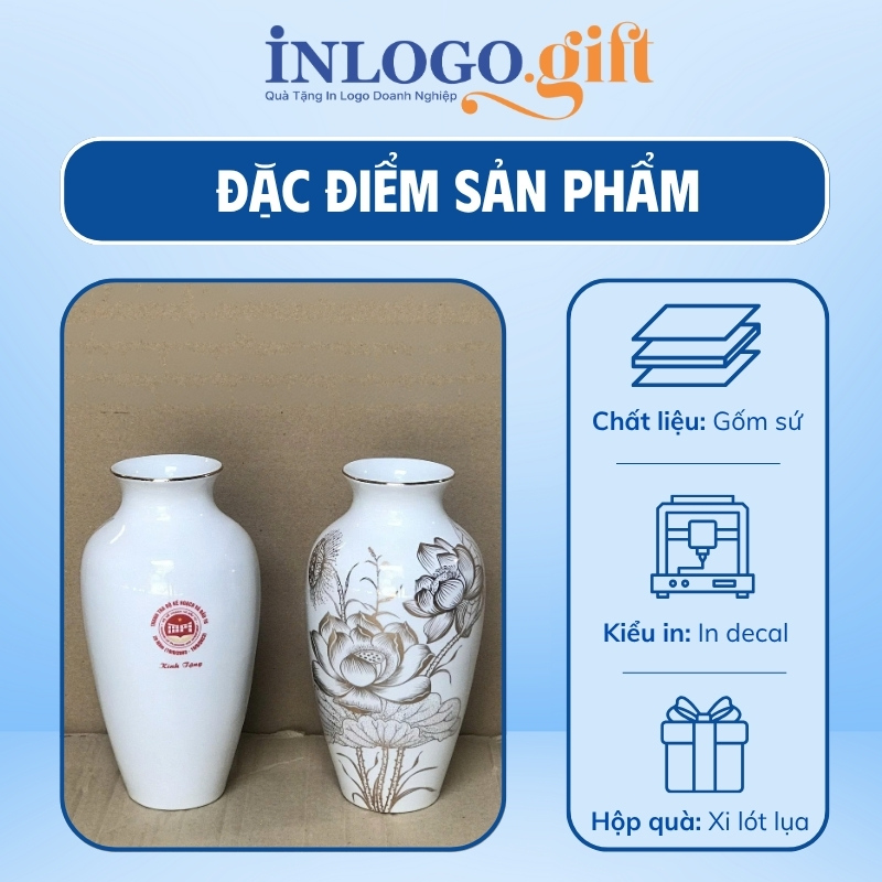 Lọ hoa in logo dáng cổ rụt họa tiết hoa sen viền vàng kim 27cm