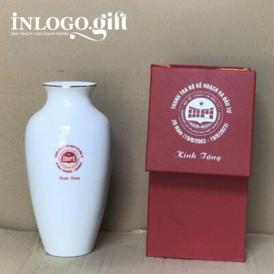 Lọ hoa in logo dáng cổ rụt họa tiết hoa sen viền vàng kim 27cm