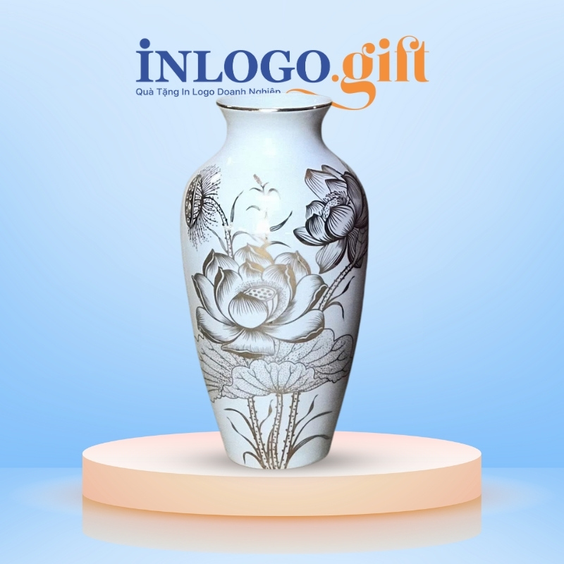 Lọ hoa in logo dáng cổ rụt họa tiết hoa sen viền vàng kim 27cm