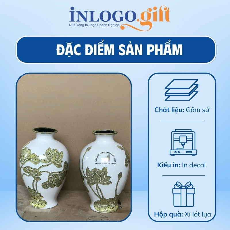 Lọ hoa in logo dáng đùi dế màu trắng họa tiết hoa sen gấm vàng 34cm