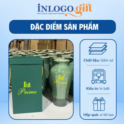 Lọ hoa in logo dáng đùi dế men hỏa biến màu xanh rêu 32cm LH-09