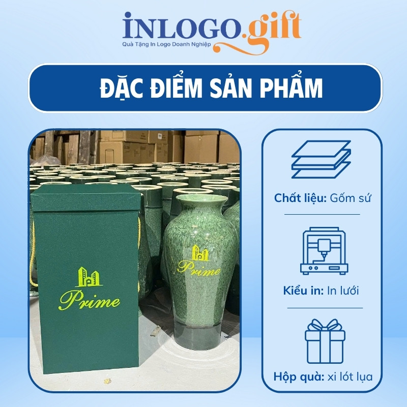 Lọ hoa in logo dáng đùi dế men hỏa biến màu xanh rêu 32cm LH-09