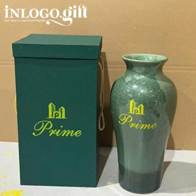 Lọ hoa in logo dáng đùi dế men hỏa biến màu xanh rêu 32cm LH-09