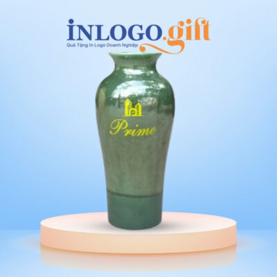 Lọ hoa in logo dáng đùi dế men hỏa biến màu xanh rêu 32cm LH-09