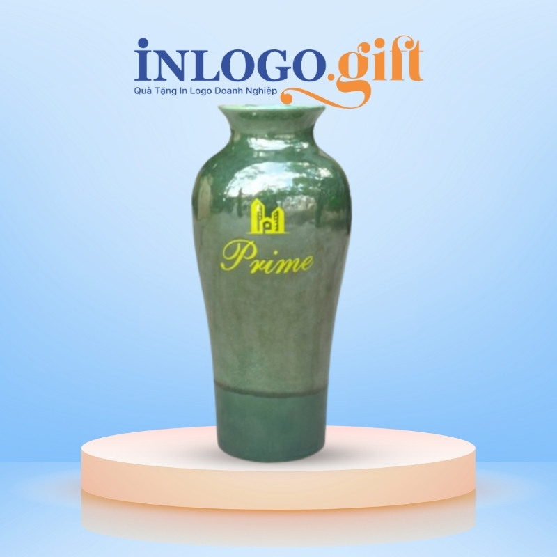 Lọ hoa in logo dáng đùi dế men hỏa biến màu xanh rêu 32cm LH-09