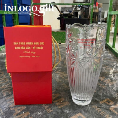 Lọ hoa thủy tinh in logo dáng hoa thi 30cm LHTT-01