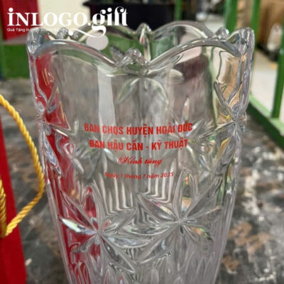 Lọ hoa thủy tinh in logo dáng hoa thi 30cm LHTT-01