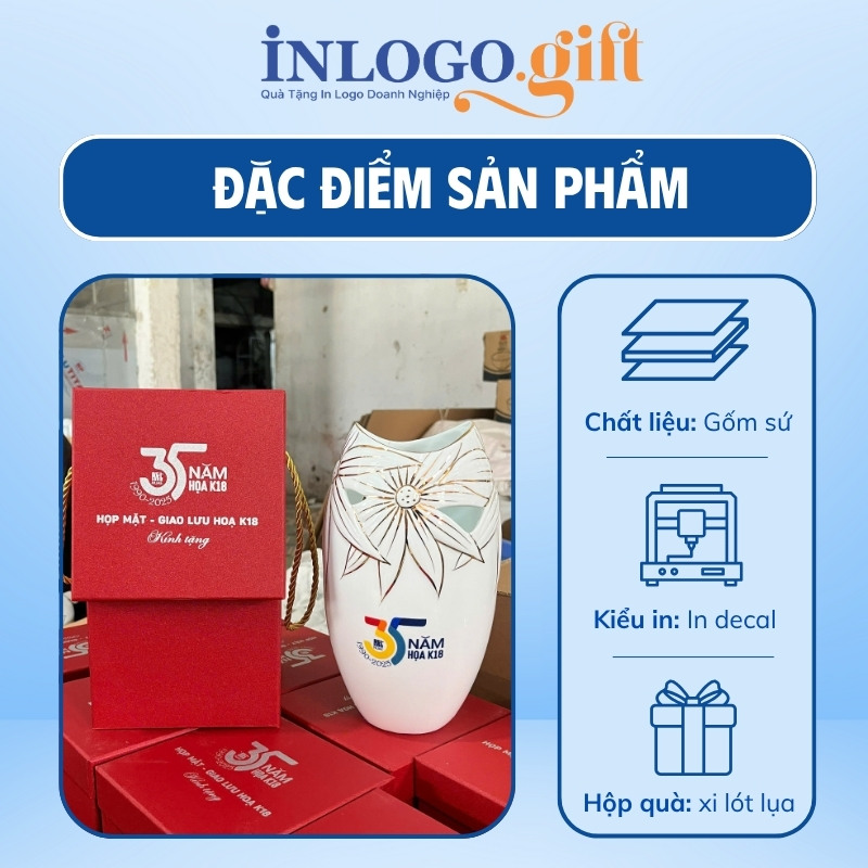 Lọ hoa in logo dáng miệng cá khoét men trắng 30cm LH-16