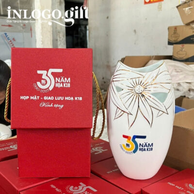 Lọ hoa in logo dáng miệng cá khoét men trắng 30cm LH-16
