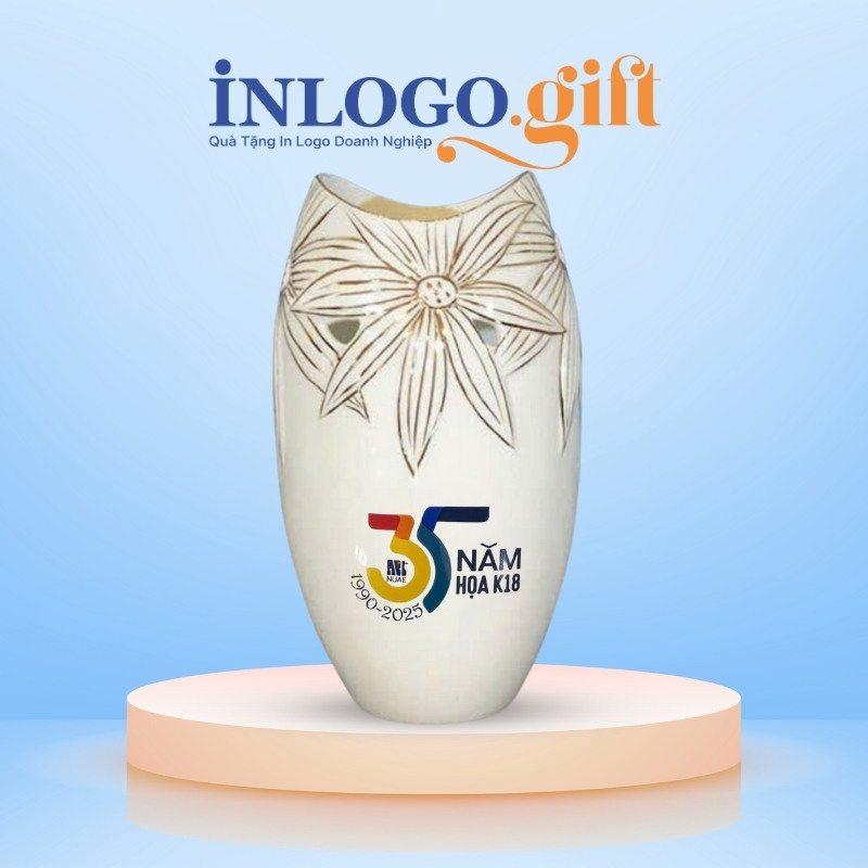 Lọ hoa in logo dáng miệng cá khoét men trắng 30cm LH-16