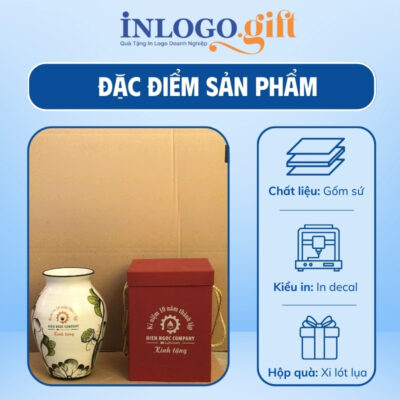 Lọ hoa in logo dáng vò men xước trắng họa tiết cây sen 24cm