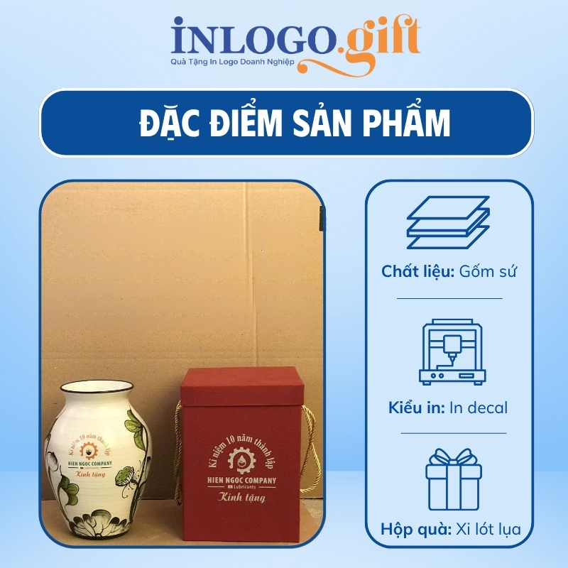 Lọ hoa in logo dáng vò men xước trắng họa tiết cây sen 24cm