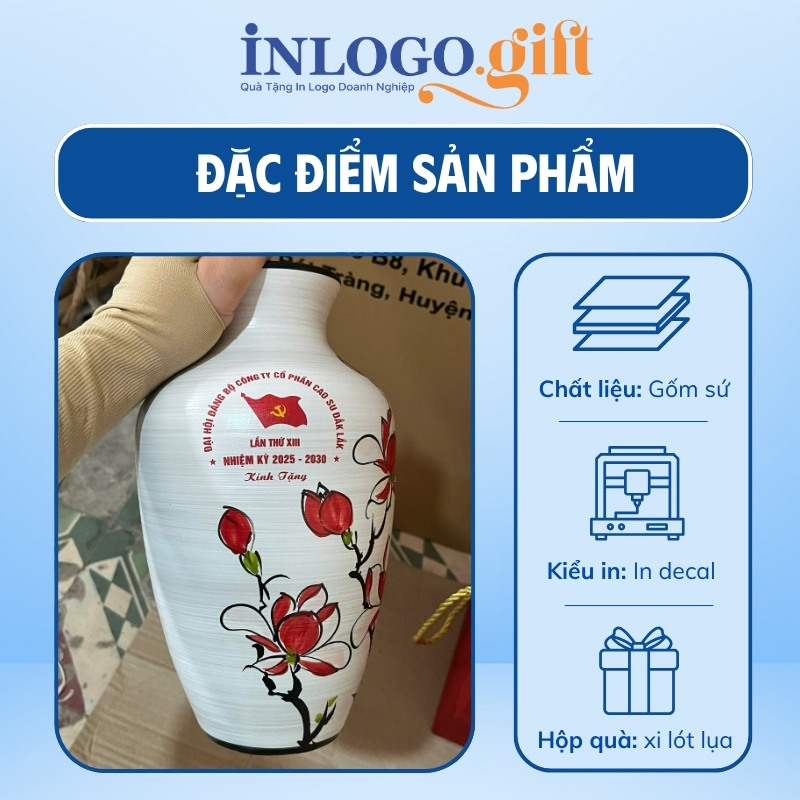 Lọ hoa in logo men xước họa tiết hoa đỏ màu trắng 27cm LH-15
