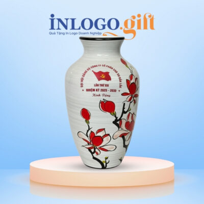 Lọ hoa in logo men xước họa tiết hoa đỏ màu trắng 27cm LH-15