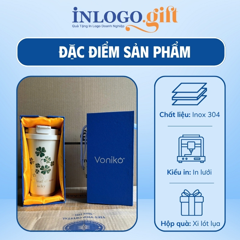 Ly giữ nhiệt in logo màu kem họa tiết cỏ 4 lá dung tích 500ml