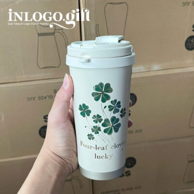 Ly giữ nhiệt in logo màu kem họa tiết cỏ 4 lá dung tích 500ml