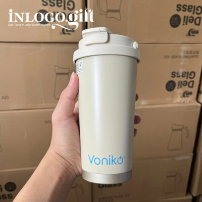 Ly giữ nhiệt in logo màu kem họa tiết cỏ 4 lá dung tích 500ml