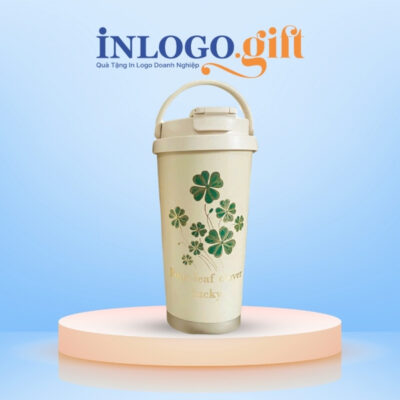 Ly giữ nhiệt in logo màu kem họa tiết cỏ 4 lá dung tích 500ml