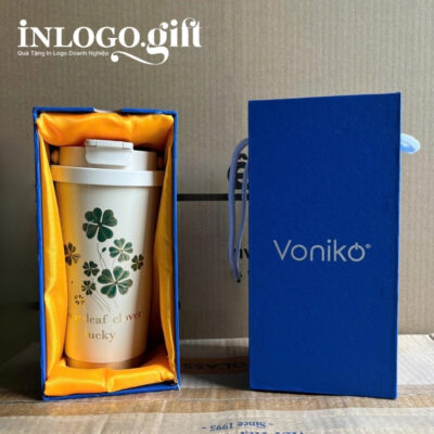 Ly giữ nhiệt in logo màu kem họa tiết cỏ 4 lá dung tích 500ml