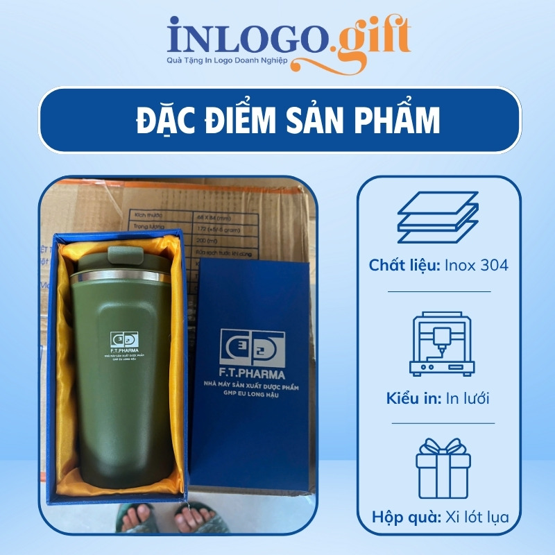 Ly giữ nhiệt in logo màu xanh rêu dung tích 510ml