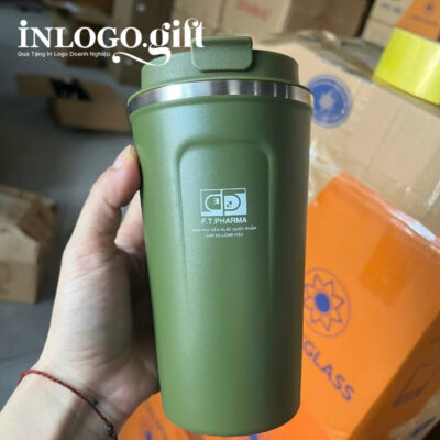 Ly giữ nhiệt in logo màu xanh rêu dung tích 510ml