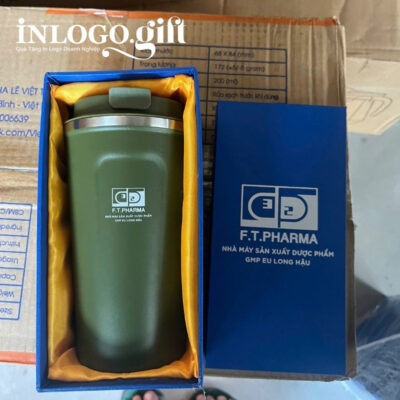 Ly giữ nhiệt in logo màu xanh rêu dung tích 510ml